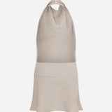 Lang-Draped High-Neck Linen Mini Dress With Hand-Beaded Mother-Of-Pearl Belt