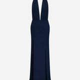 Phoebe-V-Neck Linen Maxi Dress With Double Side Slits in Navy Blue