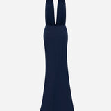 Phoebe-V-Neck Linen Maxi Dress With Double Side Slits in Navy Blue