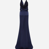 Ria - Cowl Neck Satin Maxi Dress with Beaded Fringe Belt Detail