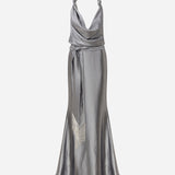 Ria - Cowl Neck Satin Maxi Dress with Beaded Fringe Belt Detail in Silver