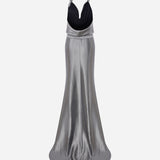 Ria - Cowl Neck Satin Maxi Dress with Beaded Fringe Belt Detail in Silver