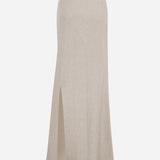 Clara-Linen Maxi Skirt With Double Front Slit Detail in Stone