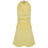 Monica - Draped High Neck Bias Cut Satin Mini Dress in Yellow