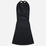 Monica - Draped High Neck Bias Cut Satin Mini Dress in Black