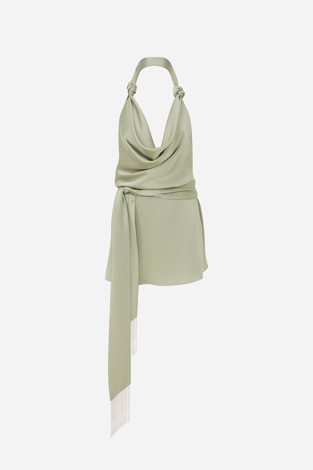Este-Cowl Neck Satin Mini Dress With Beaded Fringe Belt Detail – ILA  Official