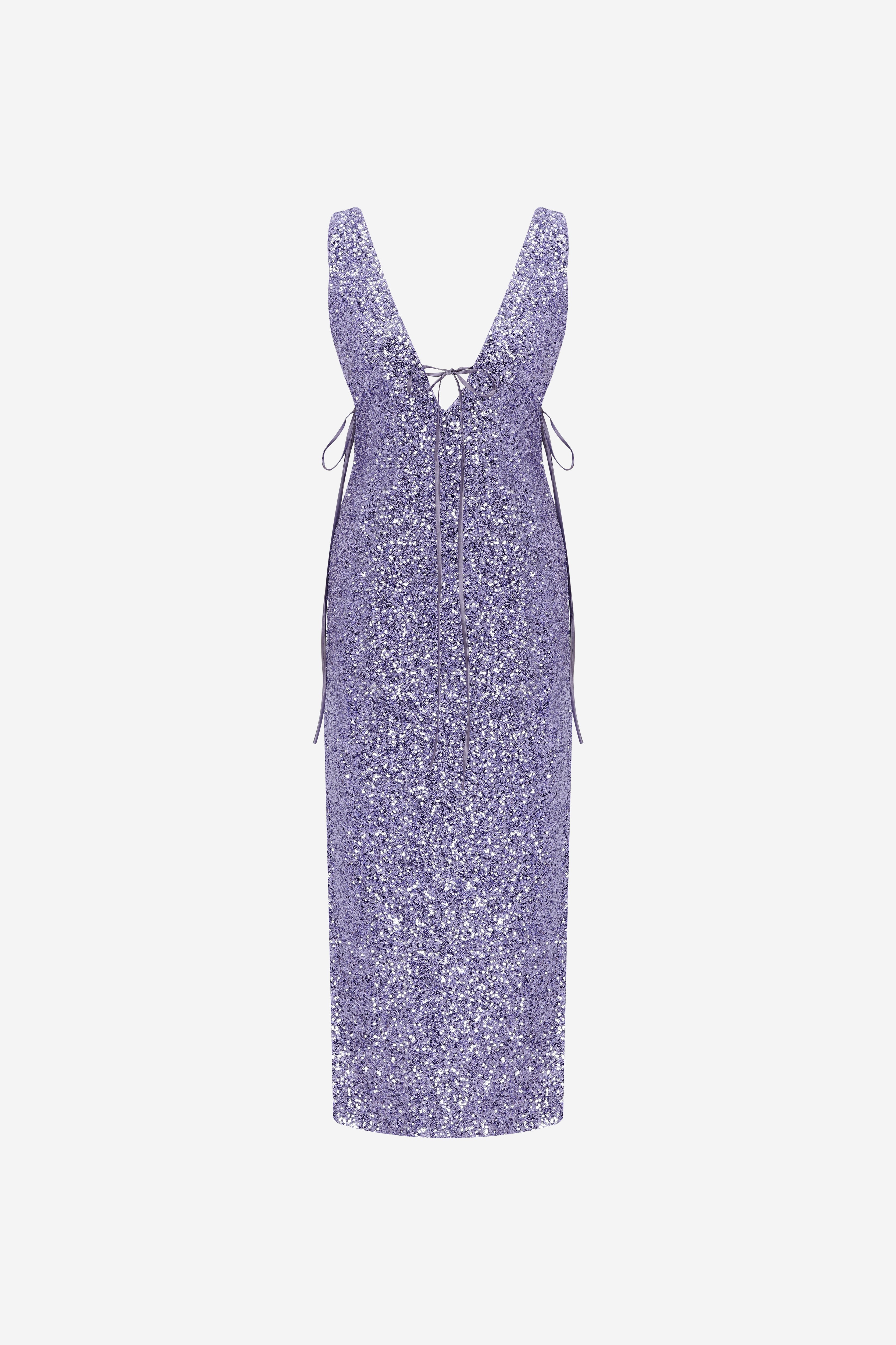 Stevie - V Neck Midi Sequin Dress in Lilac