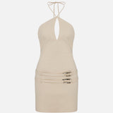 Kaia-Double Belt Triangle-Neck Mini Dress in Beige