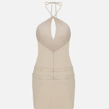 Kaia-Double Belt Triangle-Neck Mini Dress in Beige