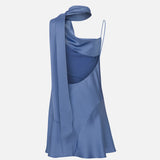 Linda-Asymmetrical Neckline Satin Mini Dress With Scarf Detail in Blue