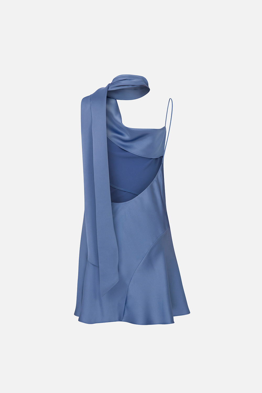 Linda-Asymmetrical Neckline Satin Mini Dress With Scarf Detail in Blue ILA Official Linda-Asymmetrical Neckline Satin Mini Dress With Scarf Detail in Blue ILA Official