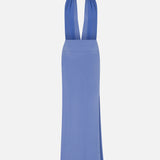 Tyra-V-Neck Satin Maxi Dress With Double Side Slits in Blue