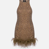 Ilia Silk Sequin Mini Dress with Feather Trim in Brown Sequin