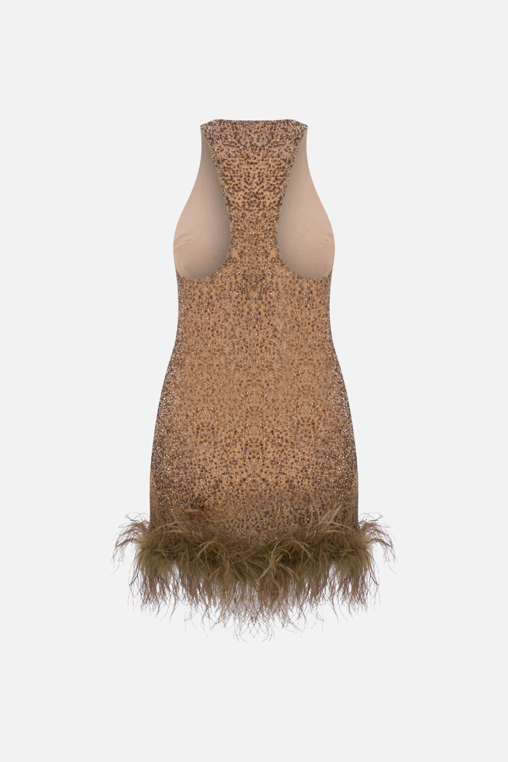 Ilia Silk Sequin Mini Dress with Feather Trim in Brown Sequin