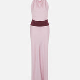 Sandra-Draped High-Neck-Color-Block Satin Maxi Dress in Pink