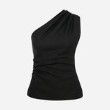 Mia-Linen One Shoulder Draped Detailed Blouse in Black