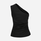 Mia-Linen One Shoulder Draped Detailed Blouse in Black
