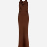 Sidney - Draped High Neck Bias Cut Satin Maxi Dress With Tuxedo Belt in Brown