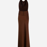 Sidney - Draped High Neck Bias Cut Satin Maxi Dress With Tuxedo Belt in Brown