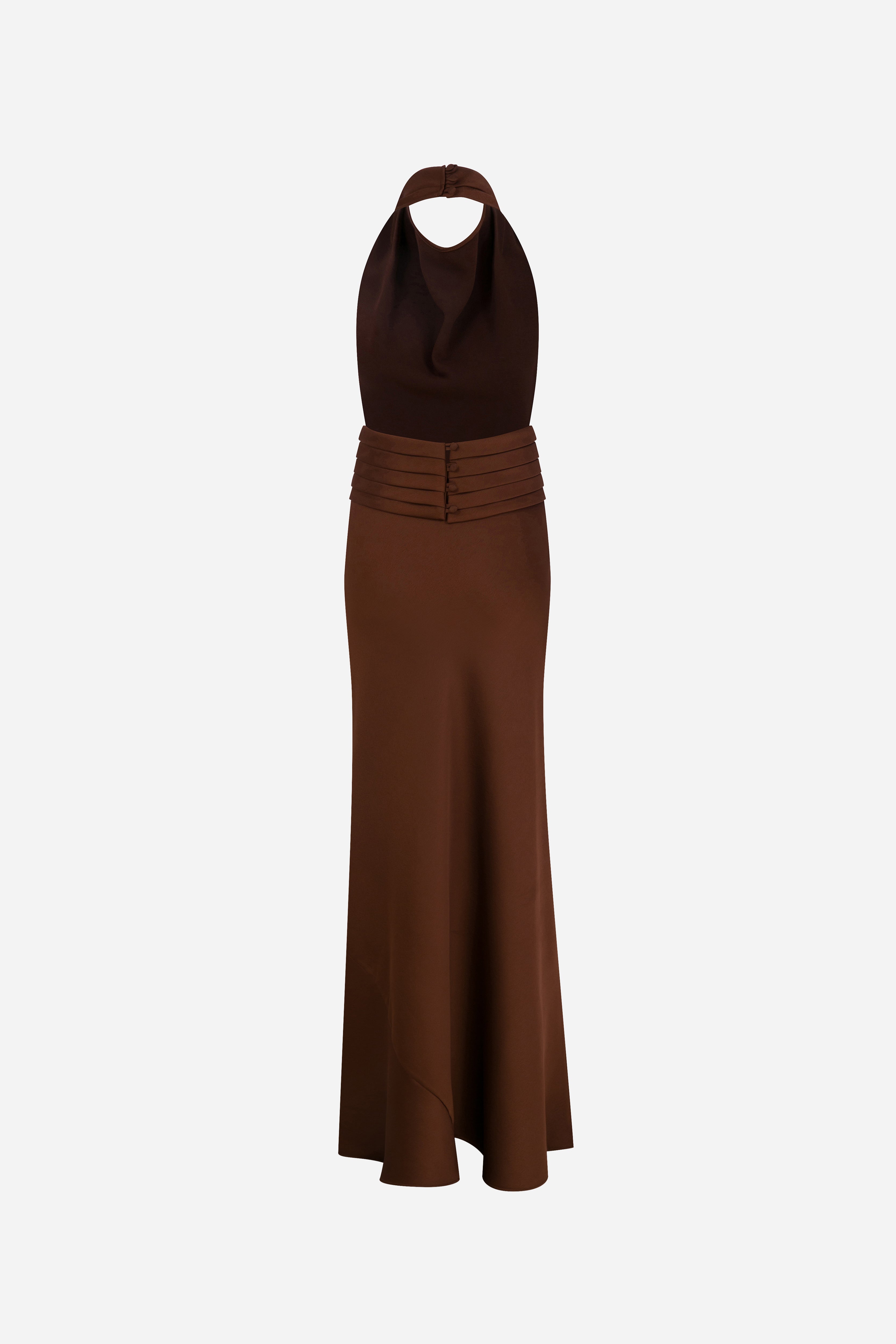 Sidney-Draped High Neck Bias Cut Satin Maxi Dress With Tuxedo Belt in – ILA Official