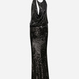 Lone - Cowl Neck Cut Out Detailed Black Sequin Maxi Dress