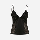 Lena-V-Neck Satin Blouse Wiith Beaded Neckline And Side Details in Black