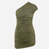 Teresa-Draped One-Shoulder Mini Jersey Dress in Khaki