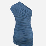 Teresa - Mavi Drape Detaylı Tek Omuz Jarse Mini Elbise