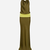 Sandra-Draped High-Neck-Color-Block Satin Maxi Dress