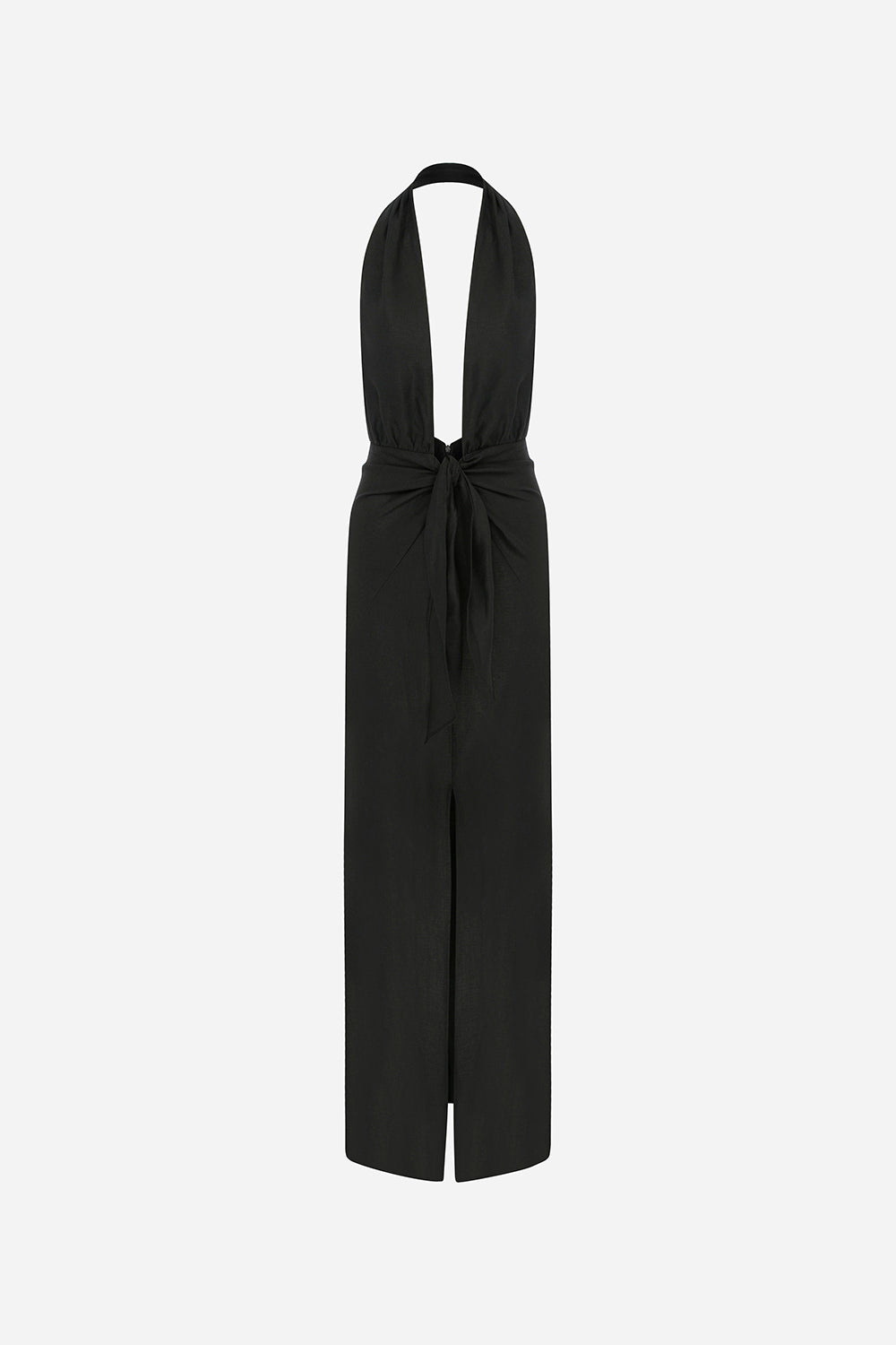 Simi-V Neck Linen Dress With Knot Detail in Black