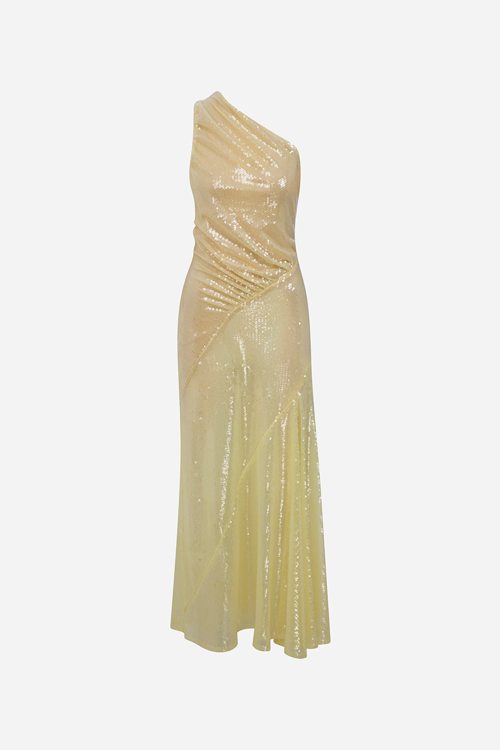 yellow one shoulder draped midi dress Breeze-One-Shoulder Draped Sequin Midi Dress With Back Detail in Yello –  ILA Official