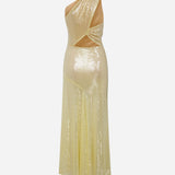 Breeze-One-Shoulder Draped Sequin Midi Dress With Back Detail in Yellow Sequin