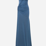 Clara-Strapless Jersey Maxi Dress With Ruhed Tail And Multiple Buckle Details in Blue