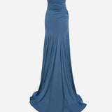 Clara-Strapless Jersey Maxi Dress With Ruhed Tail And Multiple Buckle Details in Blue