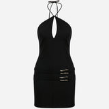 Kaia-Double Belt Triangle-Neck Mini Dress in Black
