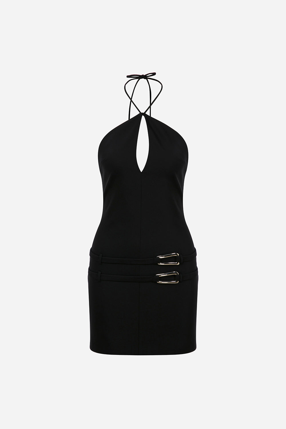 Kaia-Double Belt Triangle-Neck Mini Dress in Black – ILA Official