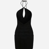 Kaia-Double Belt Triangle-Neck Mini Dress in Black