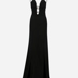 Donna-V-Neck Chiffon Maxi Dress With Metal Accessory Detail