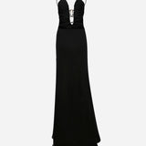 Donna-V-Neck Chiffon Maxi Dress With Metal Accessory Detail