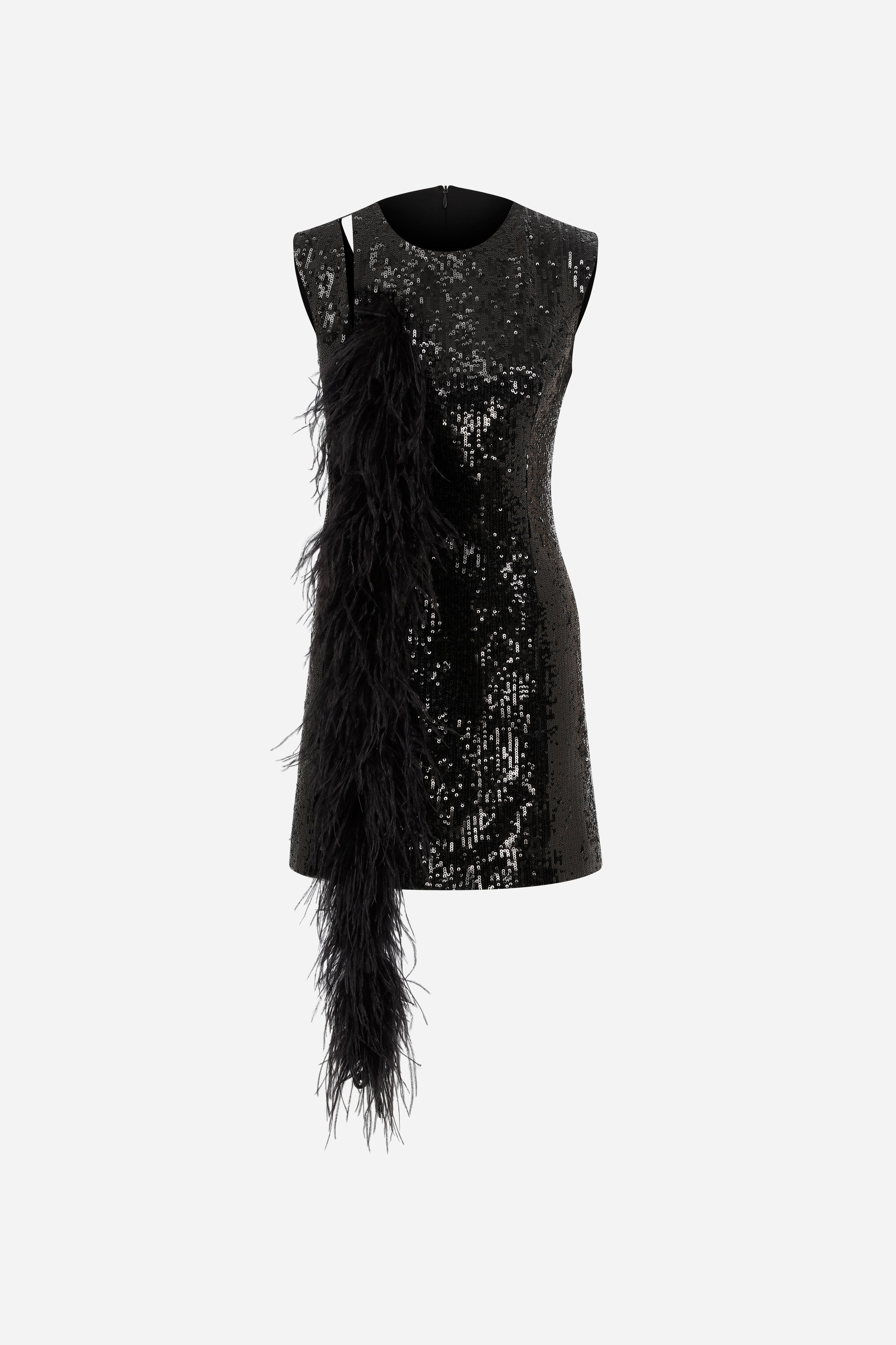 Lassy Vietnam Black Feather Trim Sequin Dress Make to Measure