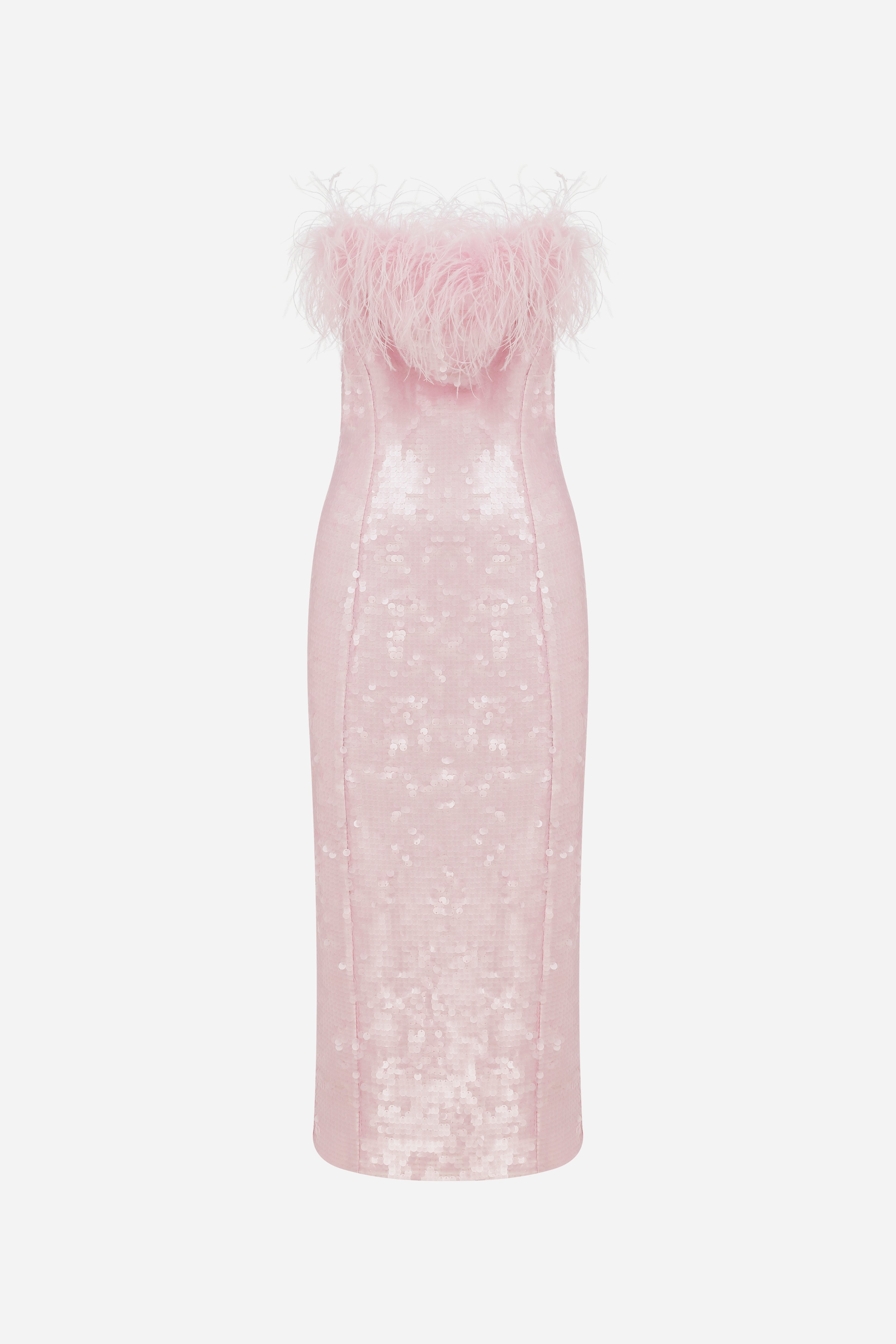 Drew - Strapless Midi Sequin Dress With Feather Details
