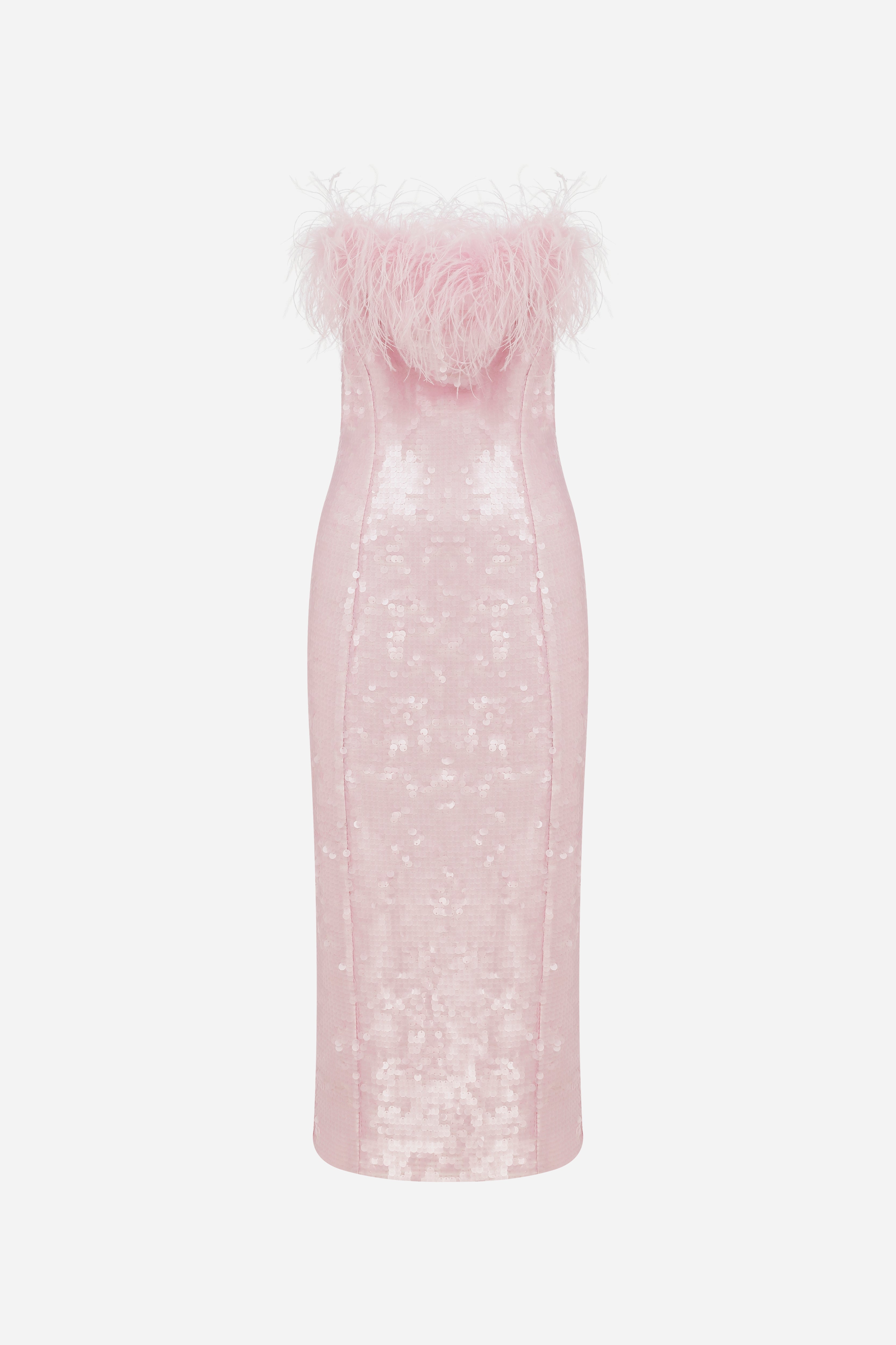 DREW-STRAPLESS MIDI SEQUIN DRESS WITH FEATHER DETAILS in PINK