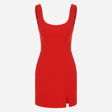 Isadora-  U-Neck Mini Dress With Front Slit in Red