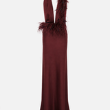 Carey-V-Neck Feathered Maxi Dress in Burgundy