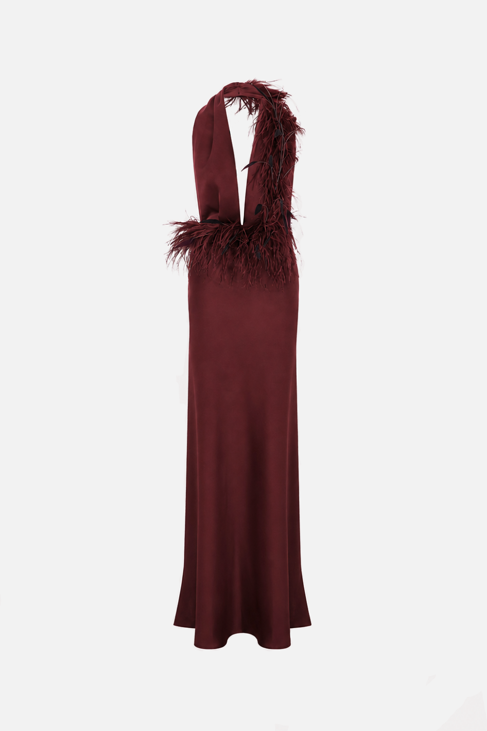 Carey-V-Neck Feathered Maxi Dress in Burgundy
