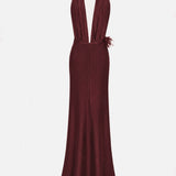 Carey-V-Neck Feathered Maxi Dress in Burgundy