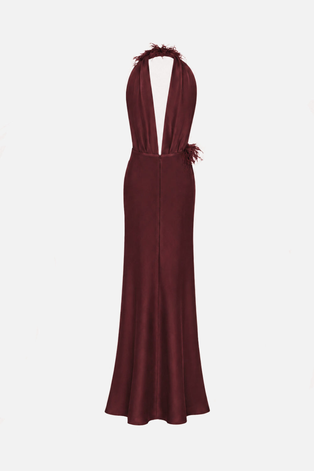 Carey-V-Neck Feathered Maxi Dress in Burgundy
