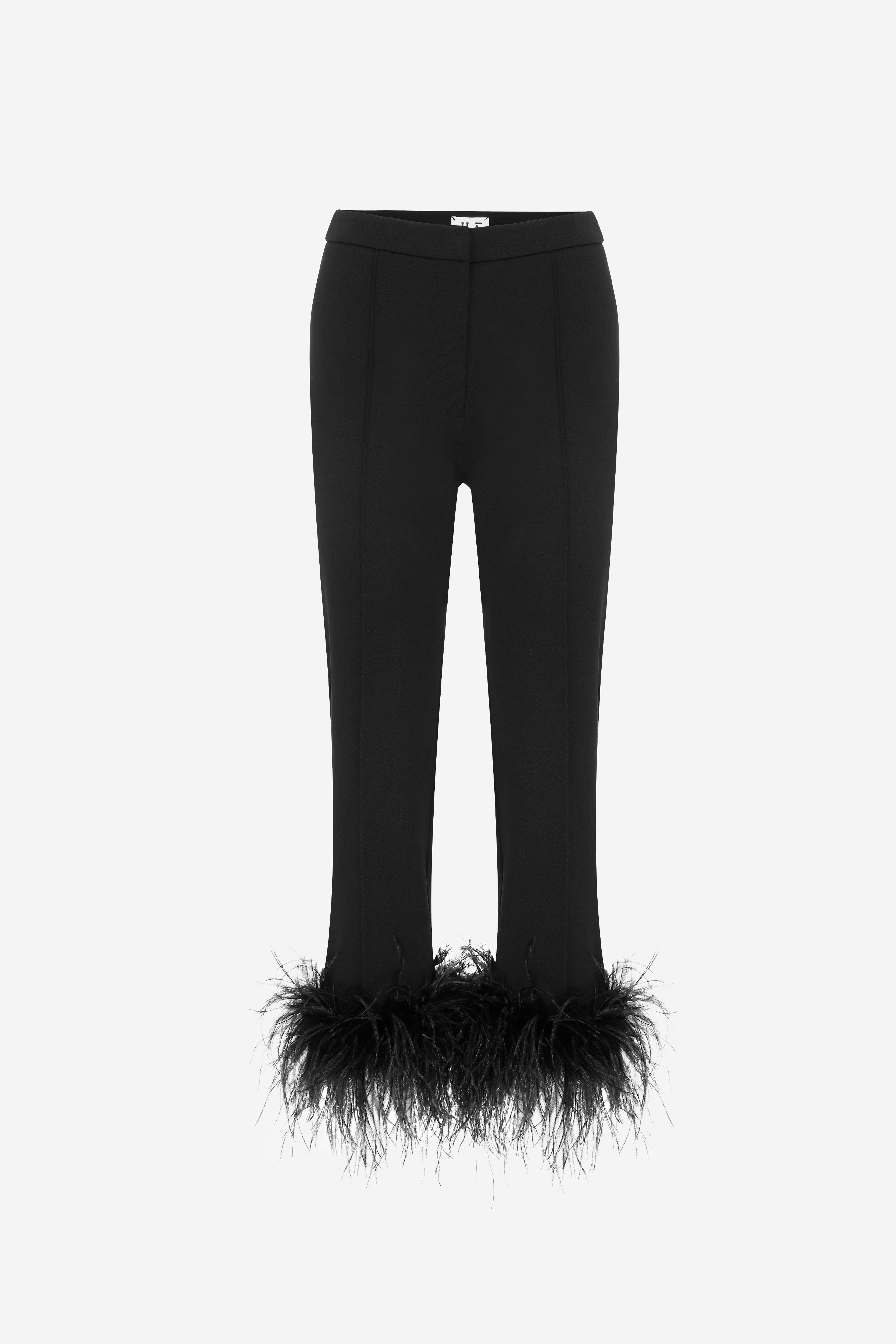 RENETA-TROUSERS WITH OSTRICH FEATHERS in Black