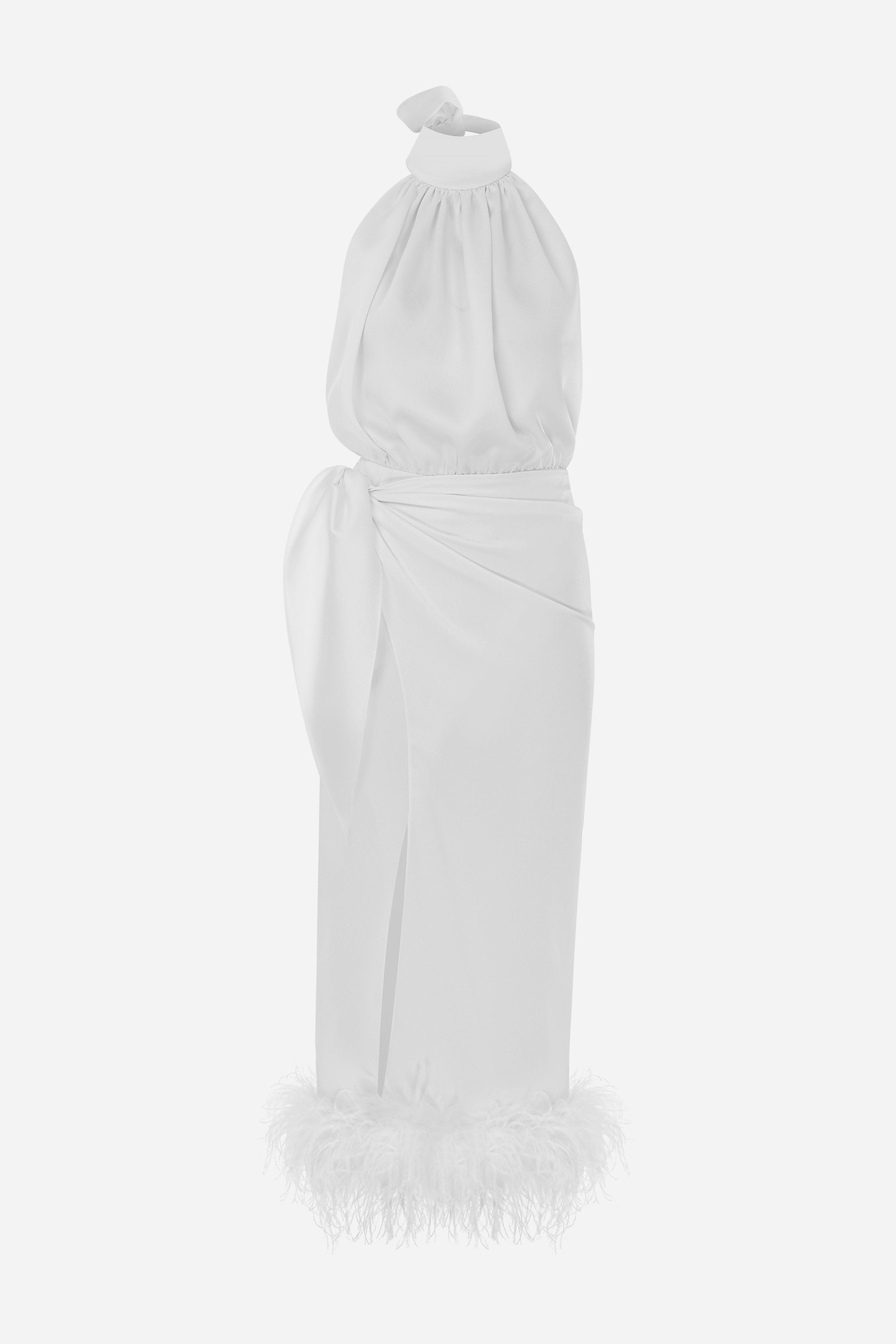 AMANDA-WRAP UP BACKLESS DRESS WITH OSTRICH DETAILS