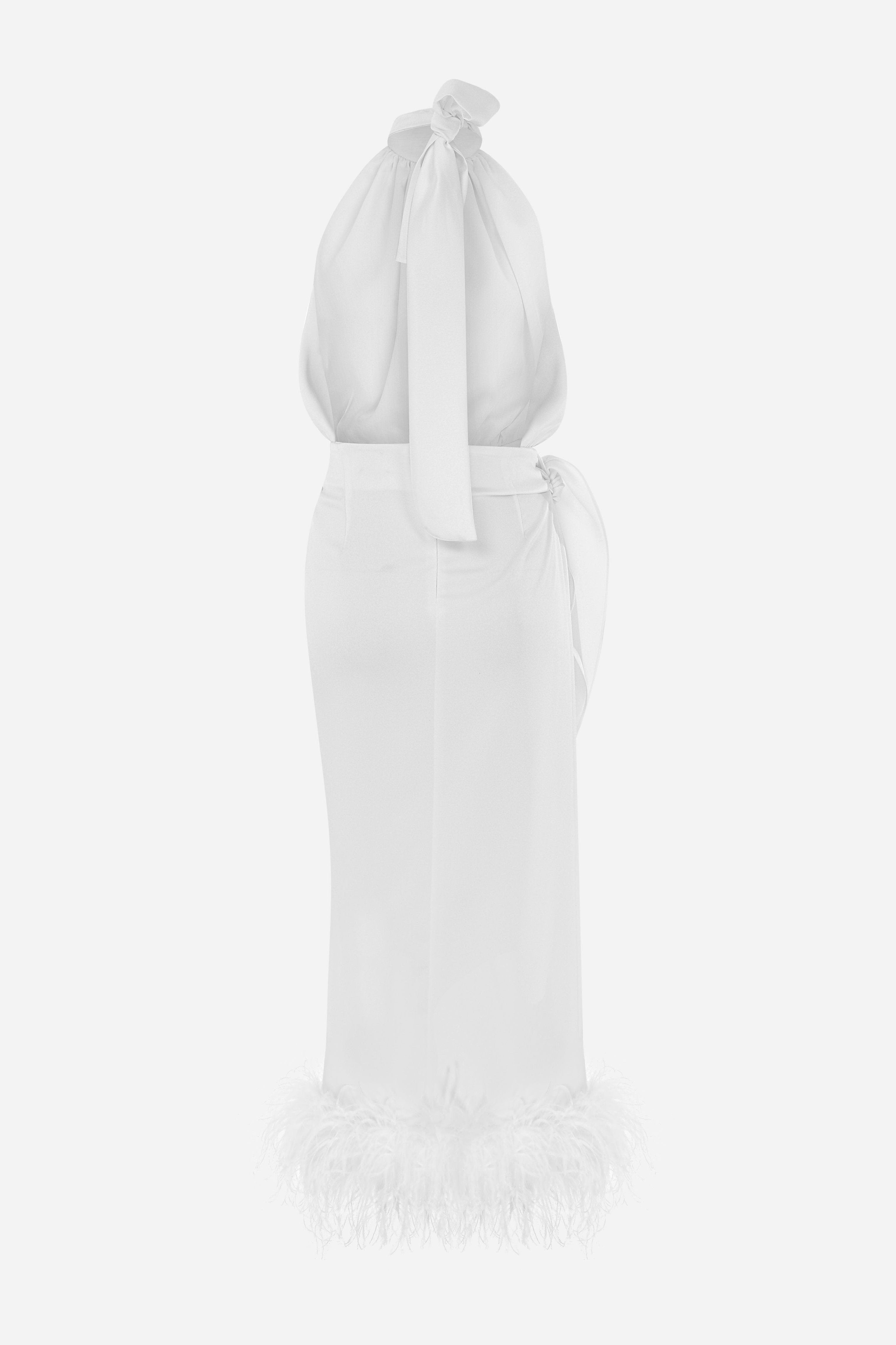 AMANDA-WRAP UP BACKLESS DRESS WITH OSTRICH DETAILS